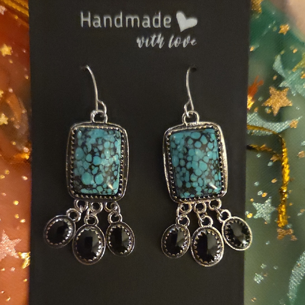 Handmade Turquoise and Black Dangle Earrings